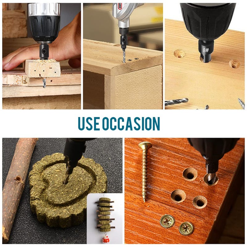 shengbenhao Countersink Drill Bit Set for Wood  3 in 1 Woodworking Countersink Counterbore Drill Bit Set with Adjustable Depth Stop  #5  #6  #8  #10  #12  82-Degree Chamfer  1/4"" Hex Shank Quick Change - Image 2